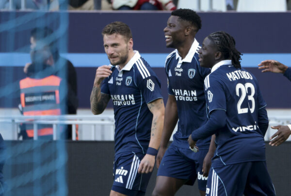 Ciro Immobile of Paris FC celebrates his goal with Marshall Munetsi, Rudy Matondo during the French championship Ligue 1 football match between Paris FC (PFC) and Le Havre AC (HAC) on March 22, 2026 at Stade Jean Bouin in Paris, France