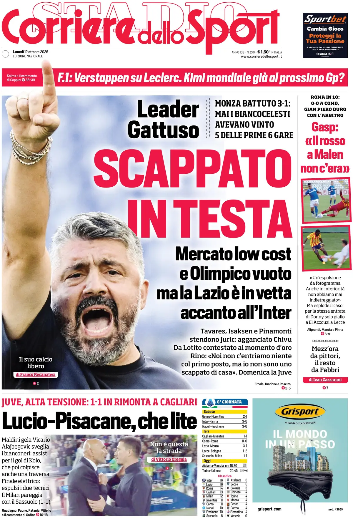 Le prime pagine dei quotidiani sportivi: il blitz del Bologna a Lecce, la Lazio aggancia la vetta e frenano Juve e Milan